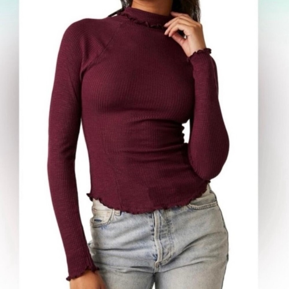 Intimately Free People Mock Neck Burgundy Maroon Lettuce Hem Thermal Long Sleeve